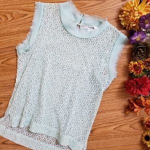 PINKY Mint Lace Sheer Frayed Cap Sleeve Top